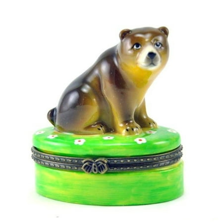 - Brown Bear in Field of Wild Flowers Hinged Porcelain Trinket Box
