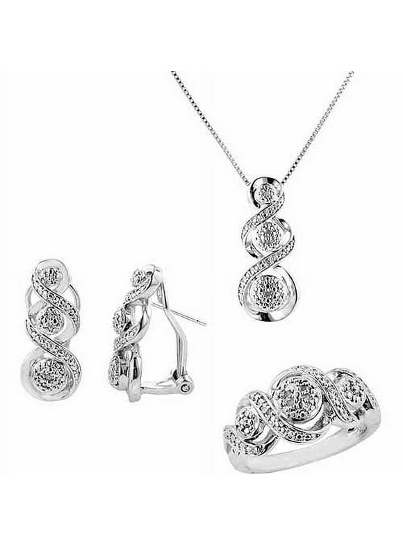 Accent Carat T.W. Round White Diamond Rhodium-plated Ring, Earrings and Pendant Set, 18", Size 7