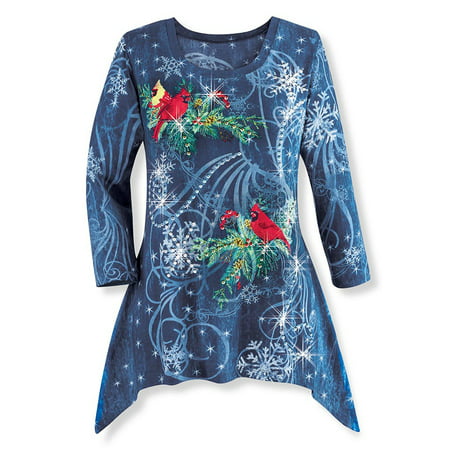 Women's Sparkling Sequin Snowflakes Winter Tunic Top, Festive Holiday Apparel, Cardinals, Large, Blue