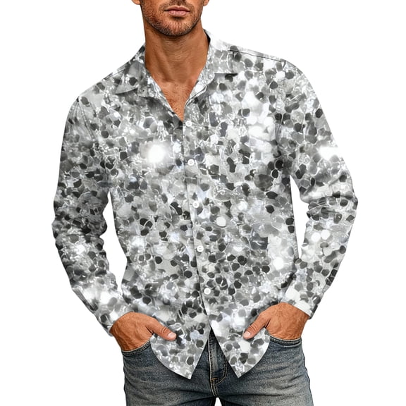 Men's Shirts with Sequin Long Sleeve Collared Party Dress Button Down Shirt Casual Shirt for Men 70s Disco Party Sparkly Shirts