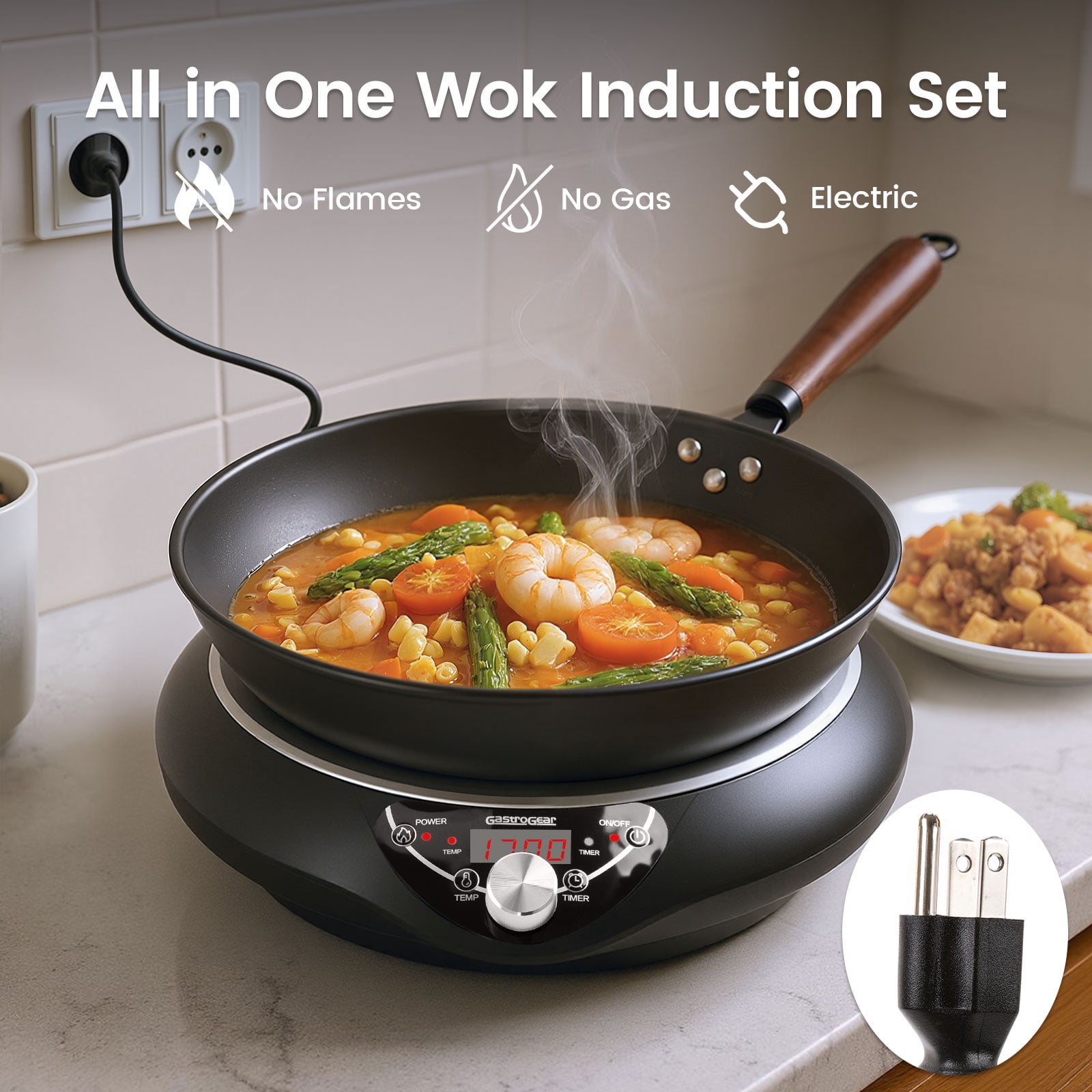 GastroGear 1700W 100V～185V Induction Cooktop Concave Curved Surface 2026 New Electric Stove Wok Burner 16 Watts 200~1700W Real Precise Power/Temp Ctrl Countertop Commercial Cooker Hot Plate Pot Count