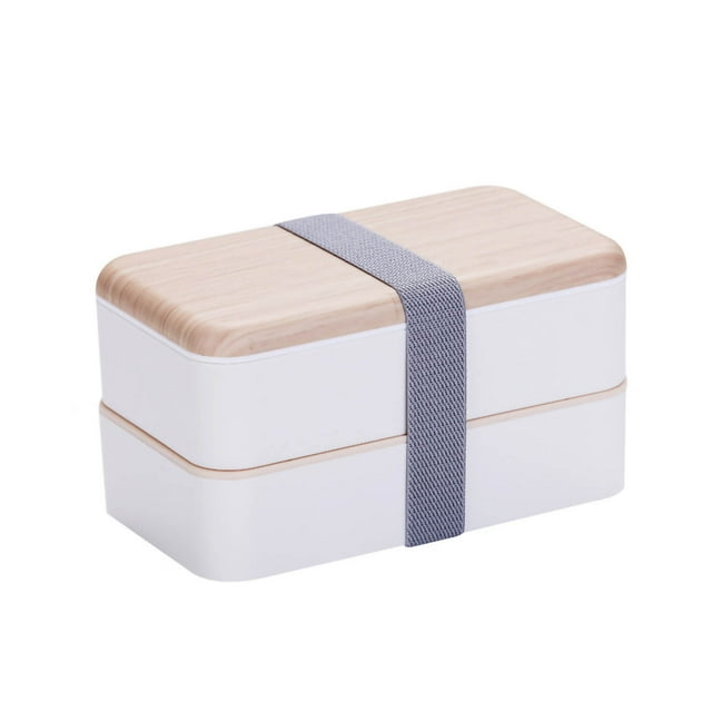 Fiambrera apilable de doble capa de polipropileno apto para microondas, con tapa para guardar vajilla, 1,2 l, color blanco, incluye palillos y cuchara.