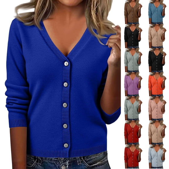 Dwellite Cardigan Sweaters for Women with Button V Neck Long Sleeve Tops Open Front for Fall Clothes Royal Blue -AZ26 M