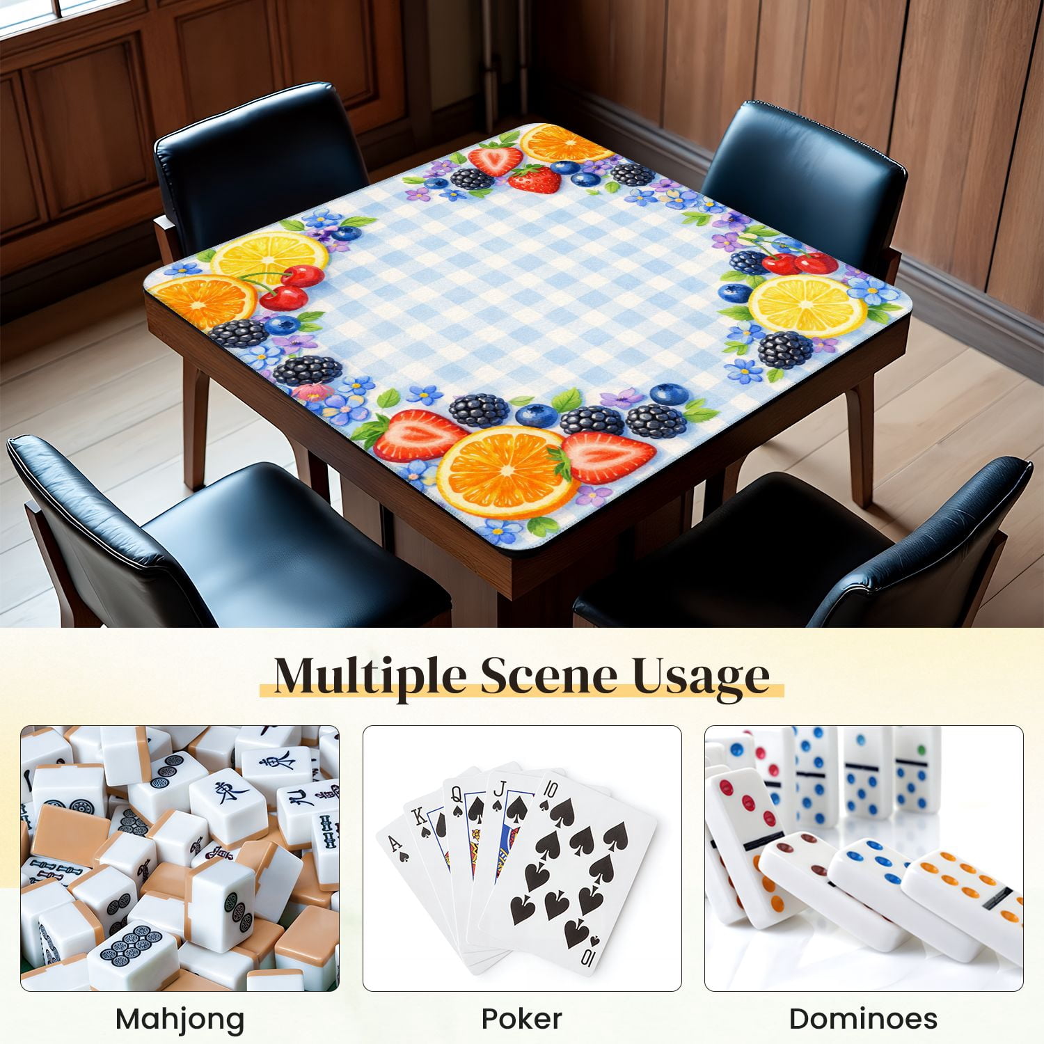 Mahjong Mat 31.5" x 31.5" Vibrant Fruit Border Oranges Strawberries Anti-Slip and Noise Reduction Symmetry Design Mahjong Tiles Table Cover for Dominoes Poker Card Board and Tile Games