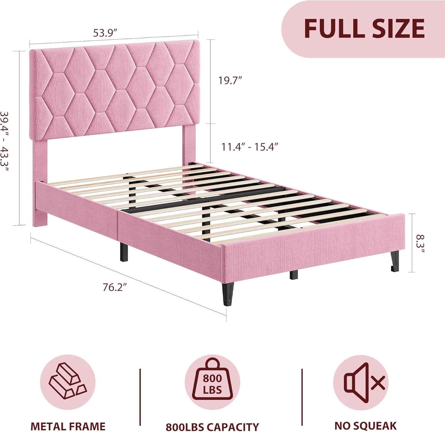 Pink Queen Bed Frame with Upholstered Headboard, Heavy-Duty Wood Slats, No Box Spring, Noise-Free, Easy Assembly