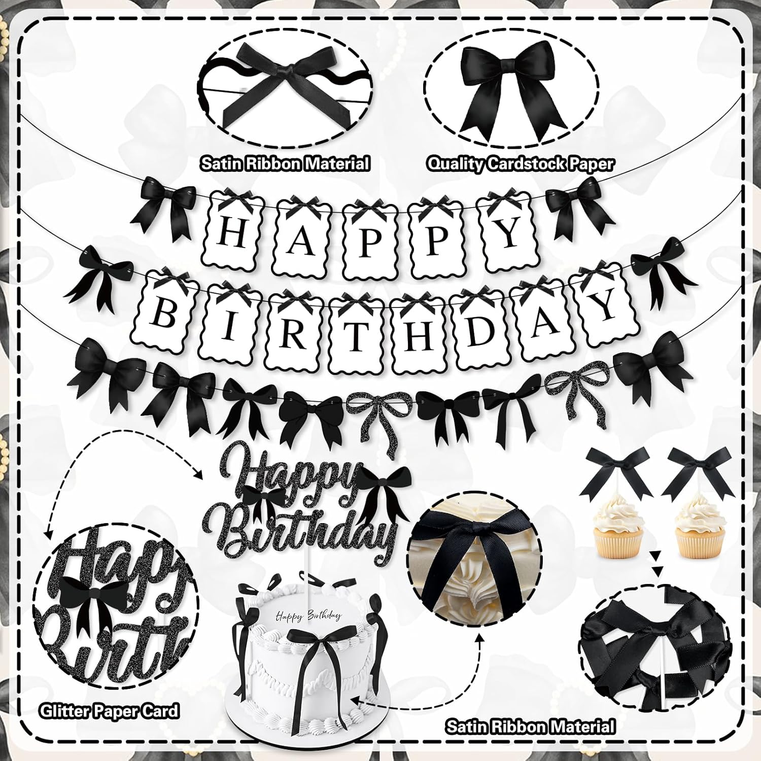 Black Bow Birthday Party Decorations, Bows Happy Birthday Banner Garland, Ribbon Bow Cake & Cupcake Toppers, Black White Balloons and Satin Ribbon for Women Girls Bows Party Decor