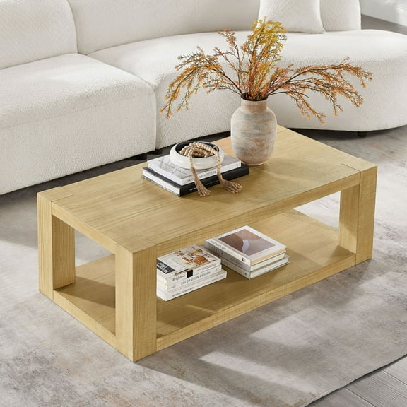 48Inch Rectangular Coffee Table with Open Shelf, 2-Tier Wood Center Table with Sturdy Base, Farmhouse Low Storage Table for Living Room, Home, Office, Apartment, Natural