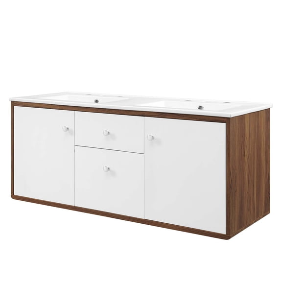 Sink Vanity Cabinet, Wall Mounted, Wood, Brown Walnut White, Modern Contemporary Urban Design, Hotel Bedroom Bathroom Master Suite Guest