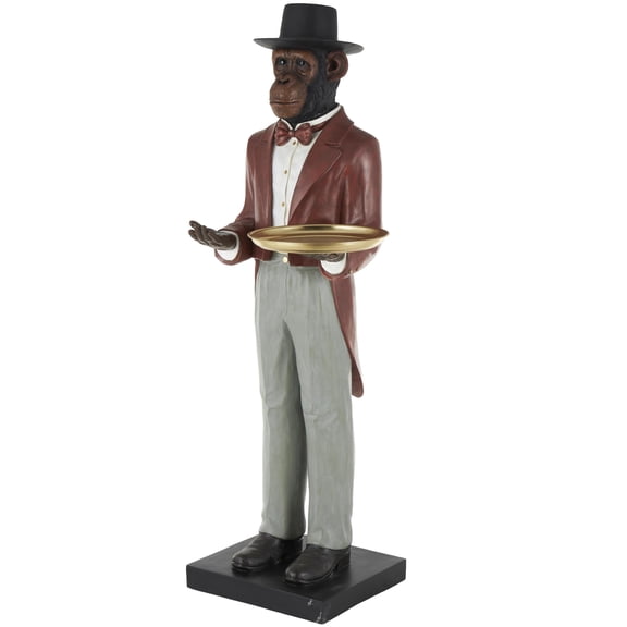 24" x 64" Red Resin Tall Waiter Monkey Sculpture with Gold Accent and Square Base, by DecMode