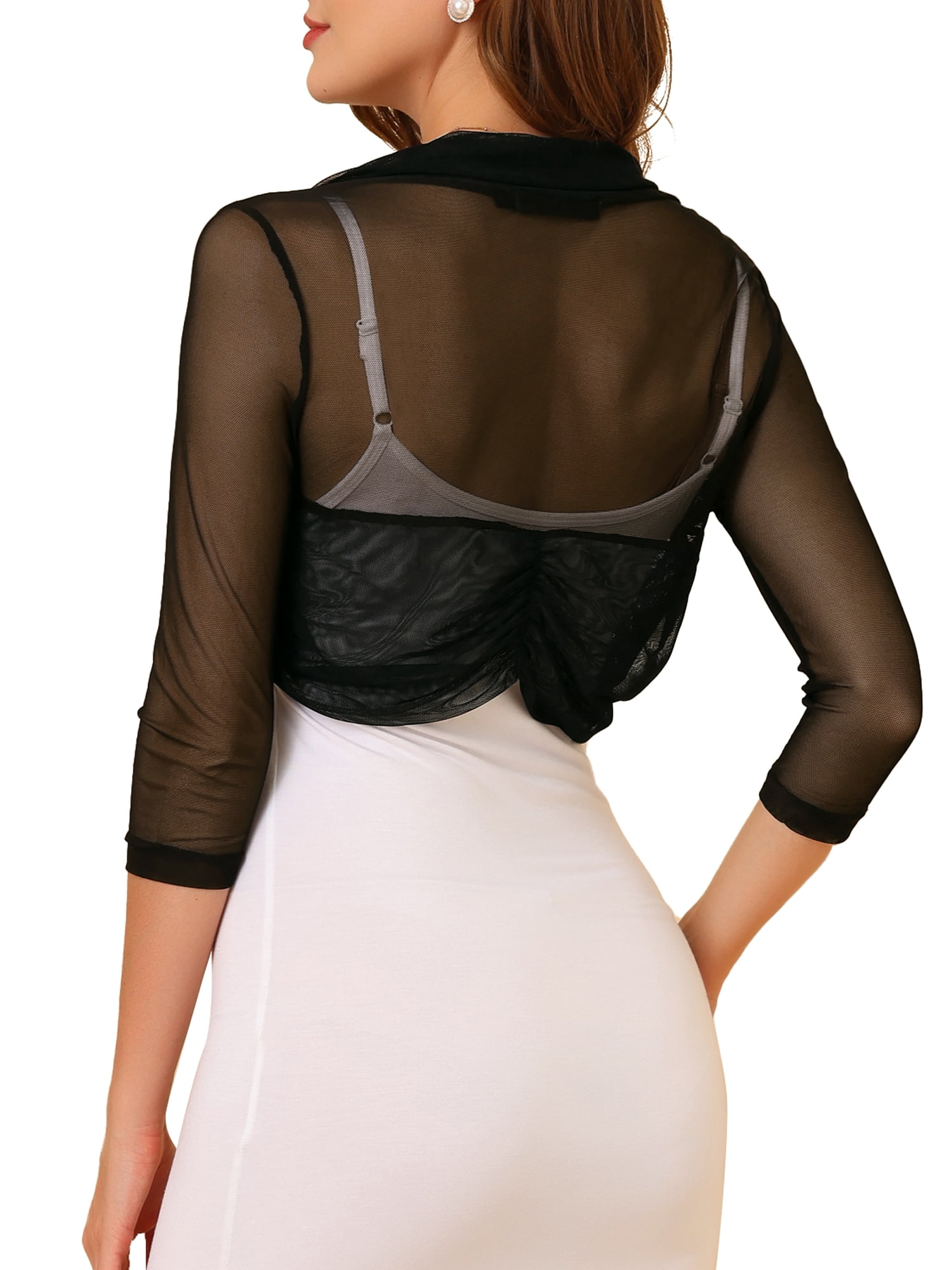 DARING DIVA Women's Semi Sheer 3/4 Sleeves Cardigan Bolero Shrugs XS Black