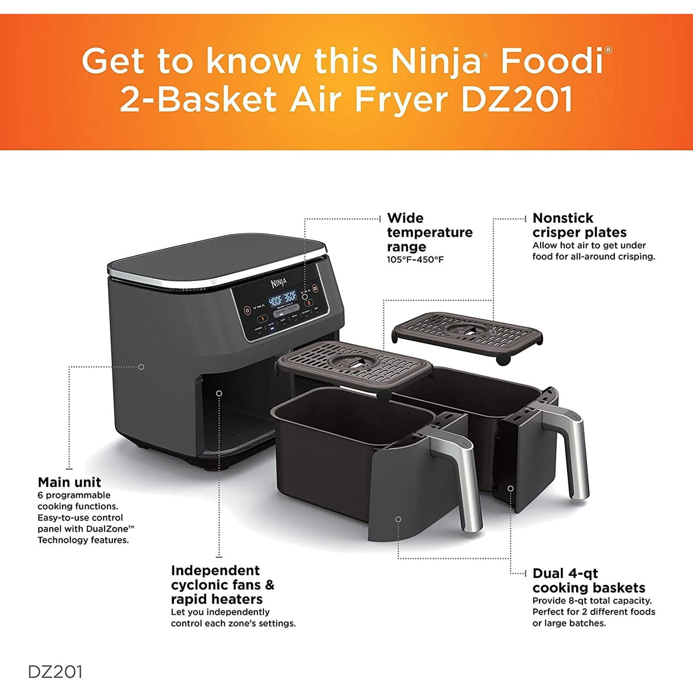 DZ100 Foodi 4 in 1 8 qt. 2 Basket Air Fryer with DualZone Technology Renewed Kitchen Dining