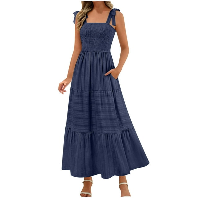 Lenpel Robes d'Été pour Femmes en Maille à Bretelles Spaghetti, Épaules à Nouer, Encolure Carrée, Robe Midi Plissée à Étages, Fluide, Décontractée