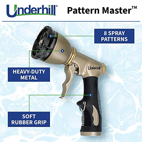 Underhill Pattern Master Gold Series Garden Water Hose Nozzle Sprayer Head, 3/4-Inch Thread Inlet, Jet Attachment 8 Spray Patterns, NG200-8S