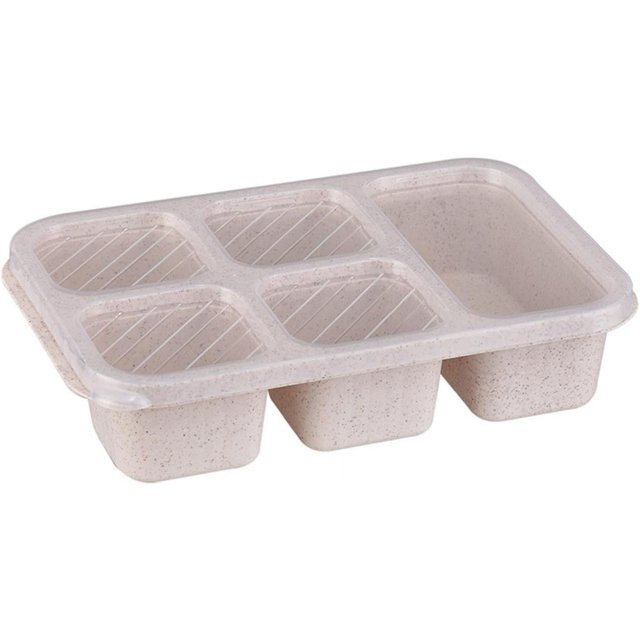 Wheat Straw Lunch Box, Lunch Box, Five-compartment Lunch Box, Tea Lunch Box with Lid, Fresh-keeping Snack Plate, Snack Snack Box, 5 squares - beige