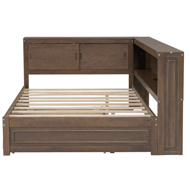 Full Size Wood Daybed with Twin Size Trundle, Storage Bed Frame with Shelves & Cabinets, Sofa Bed with LED Light and Charge Station