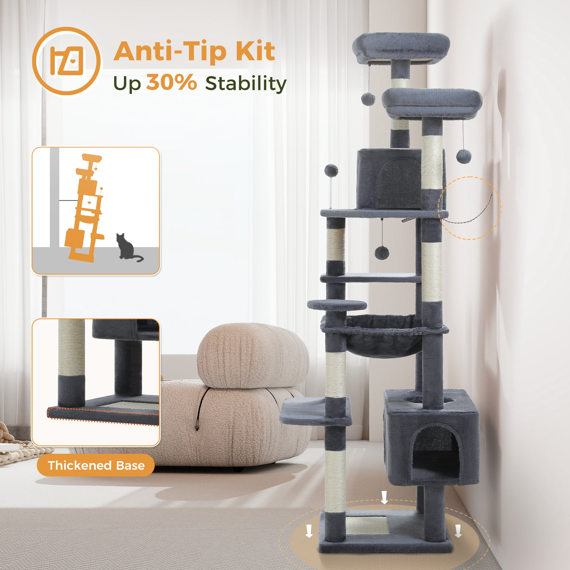 PAWZ Road 73"Cat Tree for Large Cats Multi Level Play Tower Condo 7 Sisal Cat Scratching Posts,Dark Gray