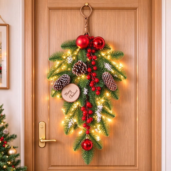 Artificial Christmas Swag, 19.68In Christmas Teardrop Swags with Ball, Red Berries and Pinecone, Faux Greenery Xmas Pendant for Mantel Christmas Front Door Wall Window Home Decor