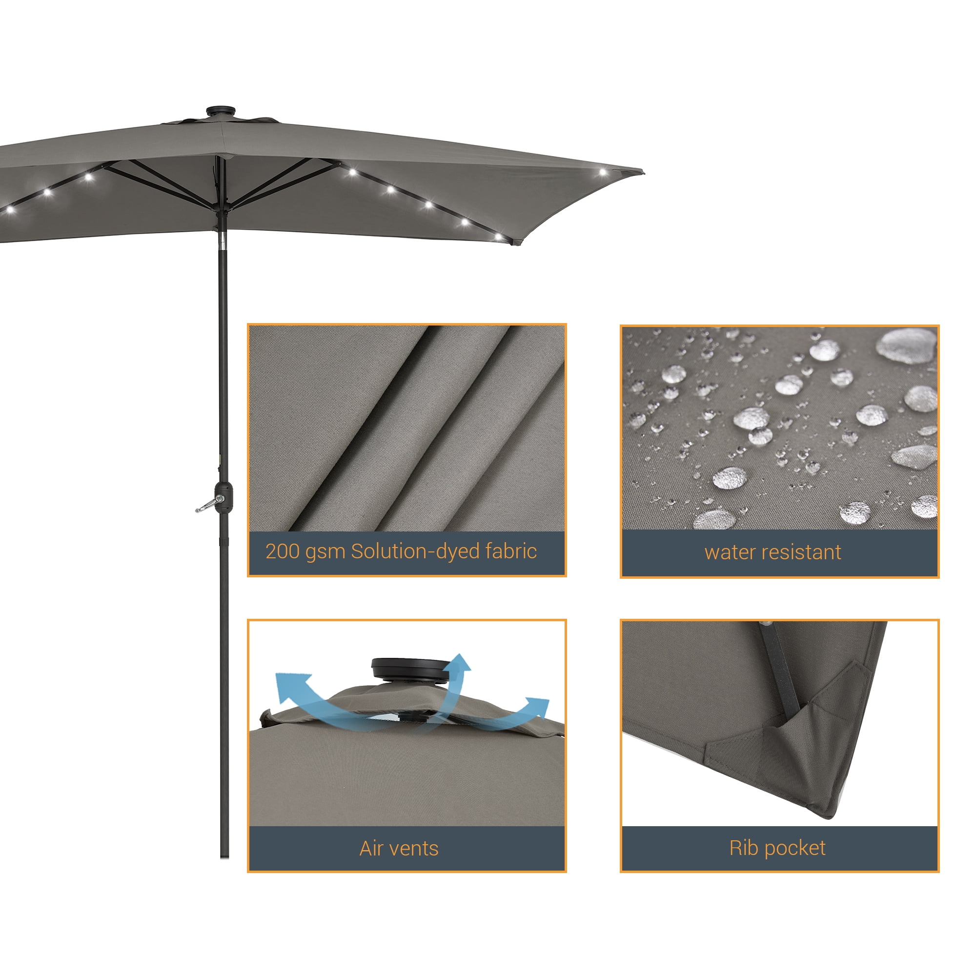 ACEGOSES 10x 6.5ft LED Solar Outdoor Patio Rectangle Table Umbrellas with Non-Fading Canopy for Garden and Yard,Gray