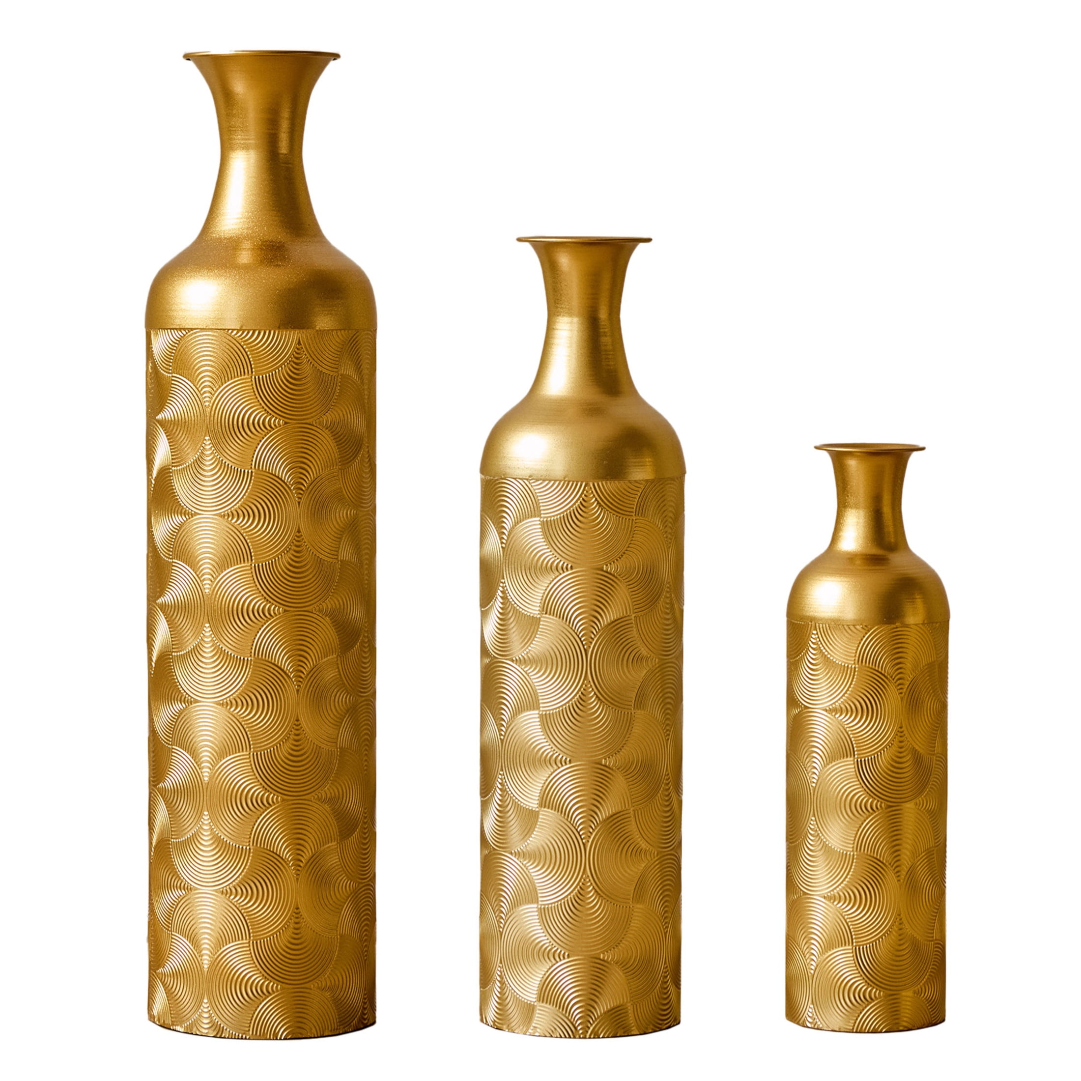 Noble House 3-Piece Metal Floor Vase Set, 32.68", 25.98", 19.69" Decorative Vases with Wave Pattern, Gold