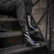 Vintage Engineer Biker Boots for Men, Side Zipper Thick Platform Mid-Calf Leather Boots with Adjustable Metal Buckles
