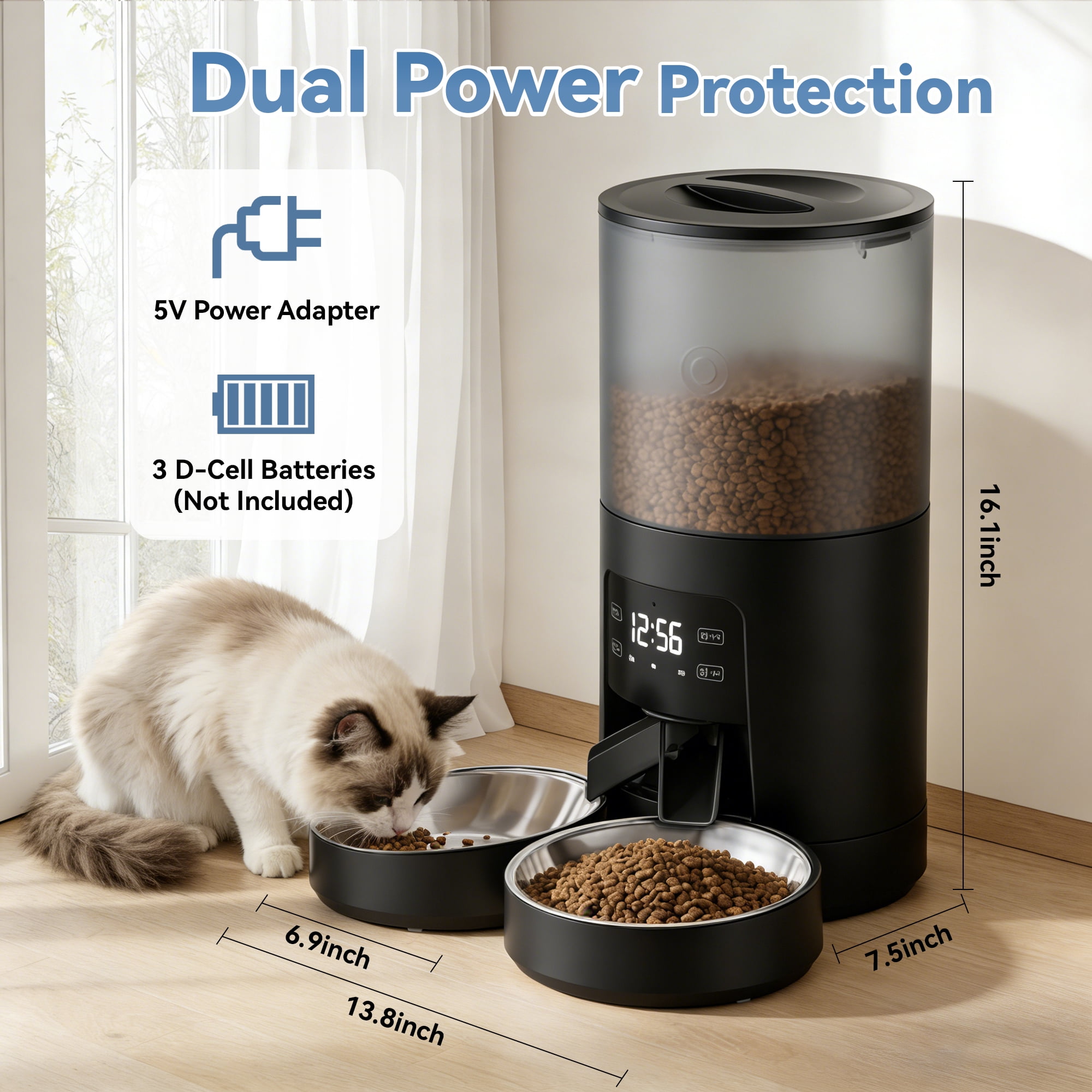 SHOUFTW 6L Automatic Pet Feeder for Cats & Dogs, Timed Dry Food Dispenser with Portion Control, Voice Recorder, Dual Power,Black