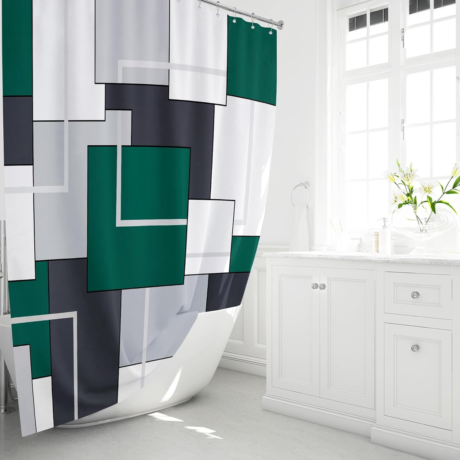 Emerald Green Shower Curtain, Geometric Fabric Shower Curtain Set with Plastic Hooks, Machine Washable, Water Repellent, Modern Decorative Neutral Cloth Shower Curtains for Bathroom - 72x72