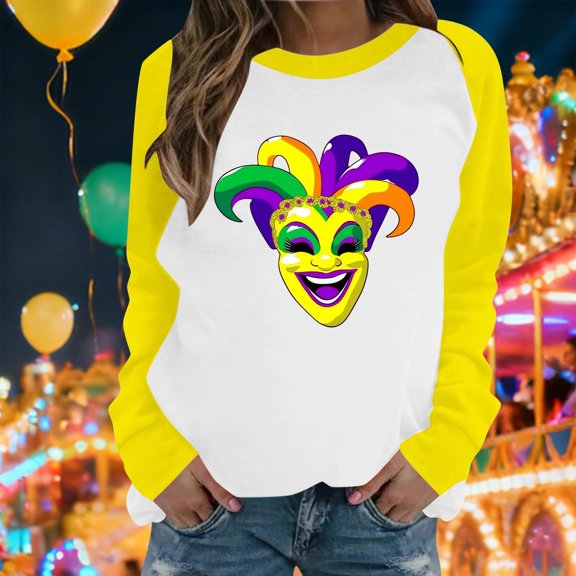 Craaazy Women's Long-Sleeve Loose Pullover Tops- Casual Mardi Gras Printed Crewneck Sweatshirts Gifts