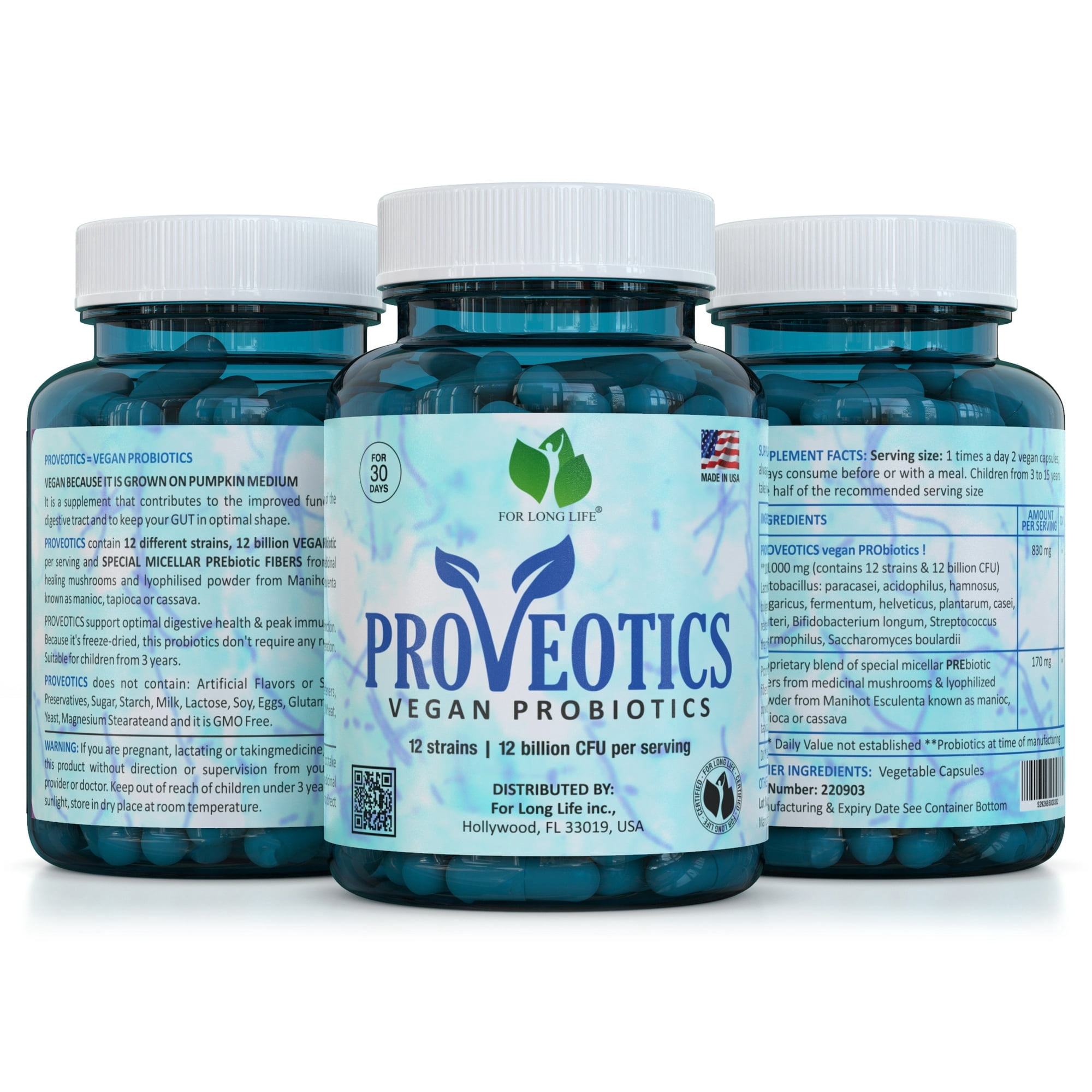 FOR LONG LIFE PROVEOTICS VEGAN PROBIOTIC SUPPLEMENT | Digestive Enzymes | Multi Enzymes with Prebiotics for Digestive Health for Women and Men (PACK 3)