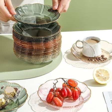 

Oiur Transparent Fruit Plate Golden Edge Stackable Snacks Serving Platter Unbreakable Round Salad Dessert Dinner Plate Dining Room Supplies