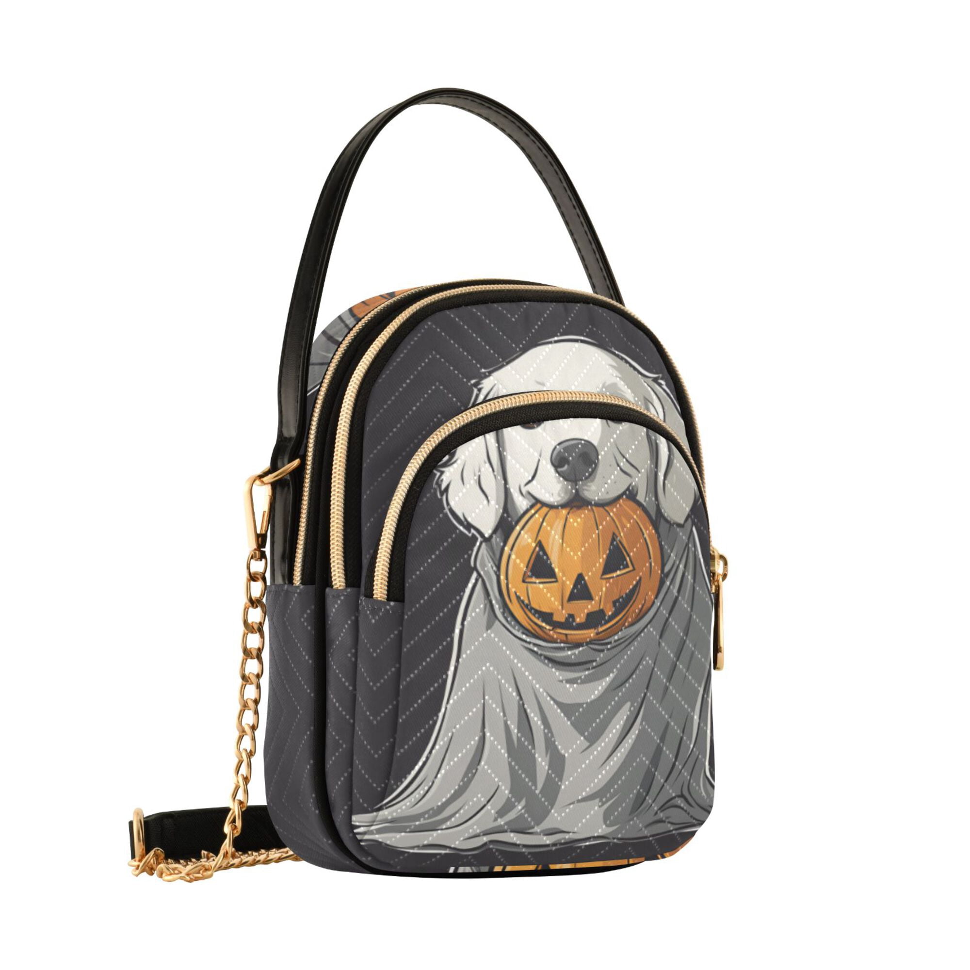 FORMRS Crossbody Bag for Women Quilted Travel Shoulder Cell Phone Purse with Chain Strap Handbag, White Halloween Dog