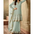 thumbnail image 4 of Ethnic Party Wear Designer Palazzo Suits Indian Pakistani Salwar Kameez Dress ( Sky Short, XXL - 46 ), 4 of 7