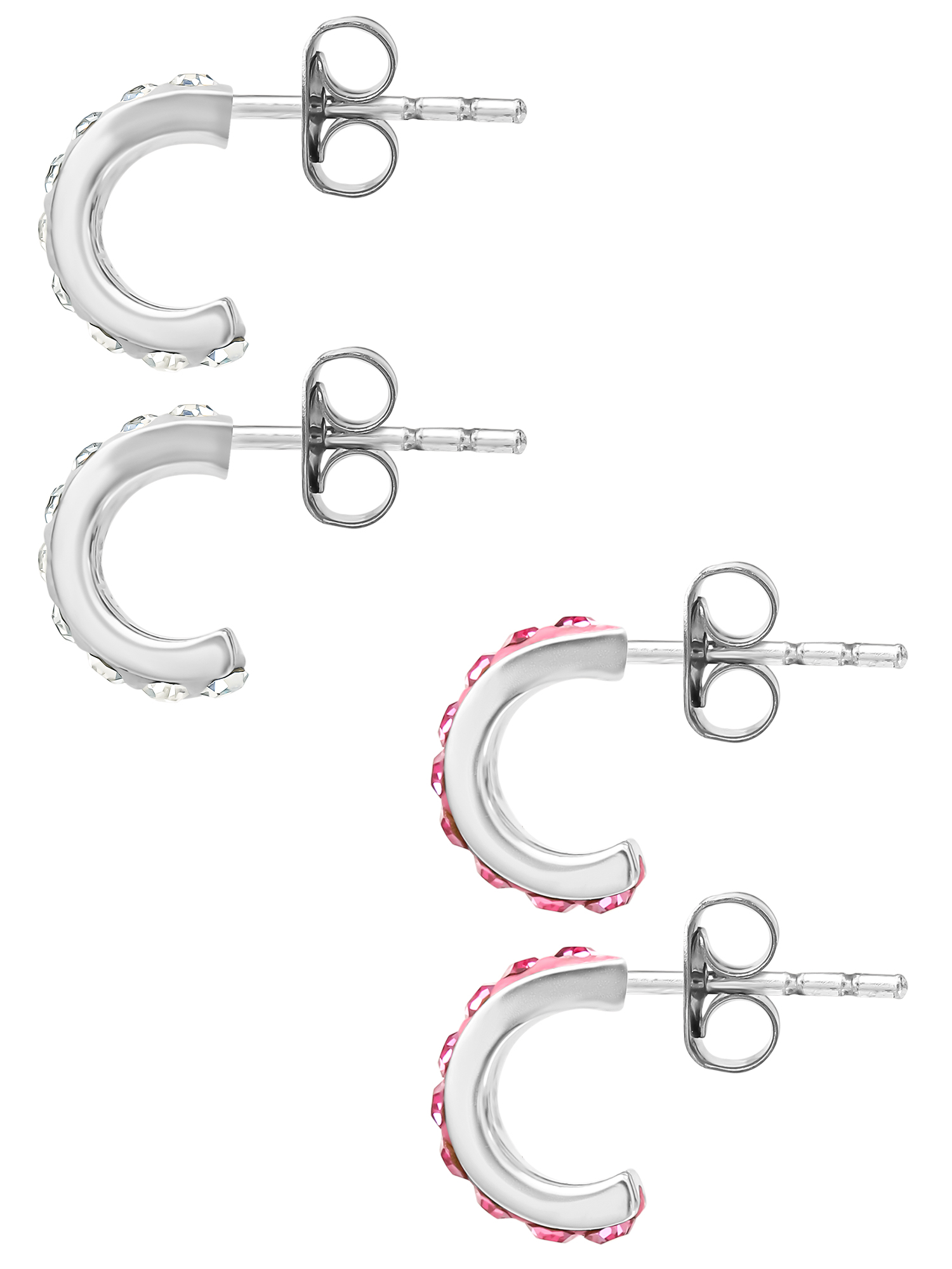 Brilliance Fine Jewelry Girl’s Crystal J Hoop Earrings Set, Sterling Silver, Comes with 2 Pairs