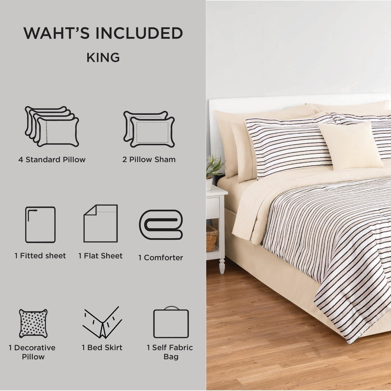 Mainstays Soft Touch Bed in a Bag 11-Piece Reversible Tan & Black Striped Comforter Set with Sheets, King