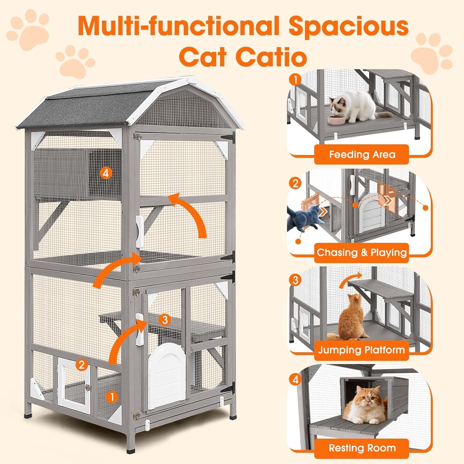 Petsblublu 71"H Outdoor Cat Enclosure Wooden Cat House 4 Tiers with Removable Floor