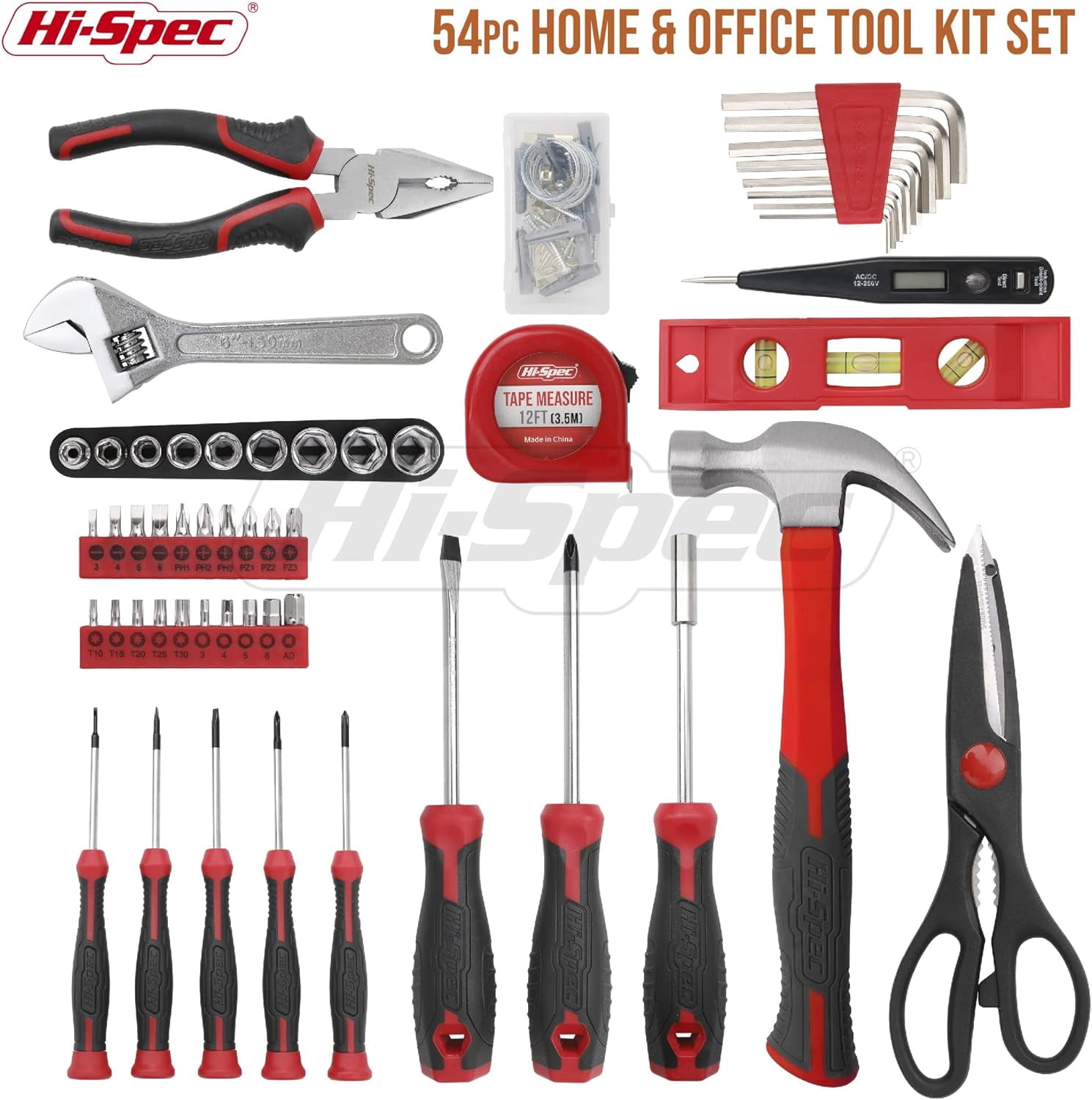 Hi-Spec 54pc Red Big Complete Home DIY Ladies Tool Box Kit. Household, Office & Women Portable Set