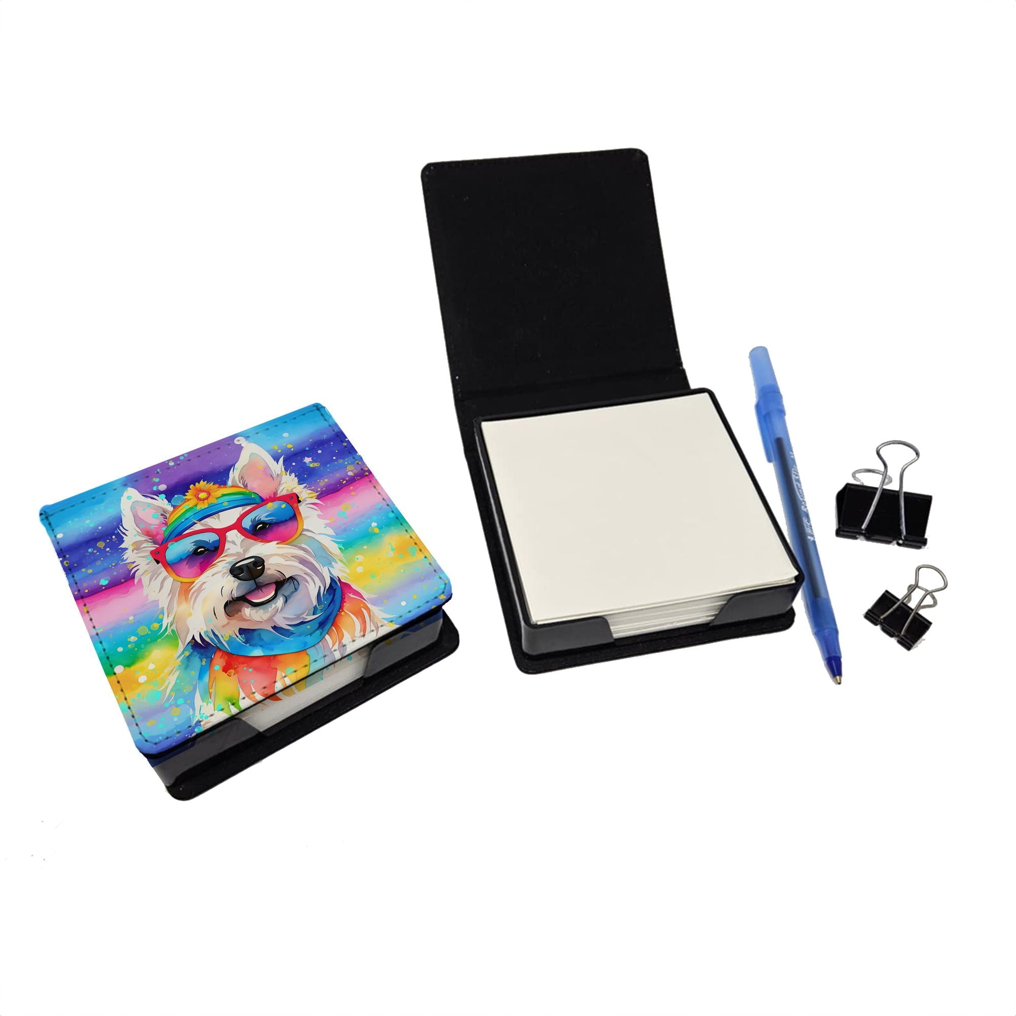 Westie Hippie Dawg PU Leather Note Paper Holder with -Designed Cover  Desk Accessory  Office Gift
