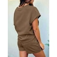thumbnail image 6 of Women'S 2 Piece Solid Color Round Neck Casual Textured Fabric Short Sleeve Pajamas Sweatsuit Set Coffee Color XXL, 6 of 7