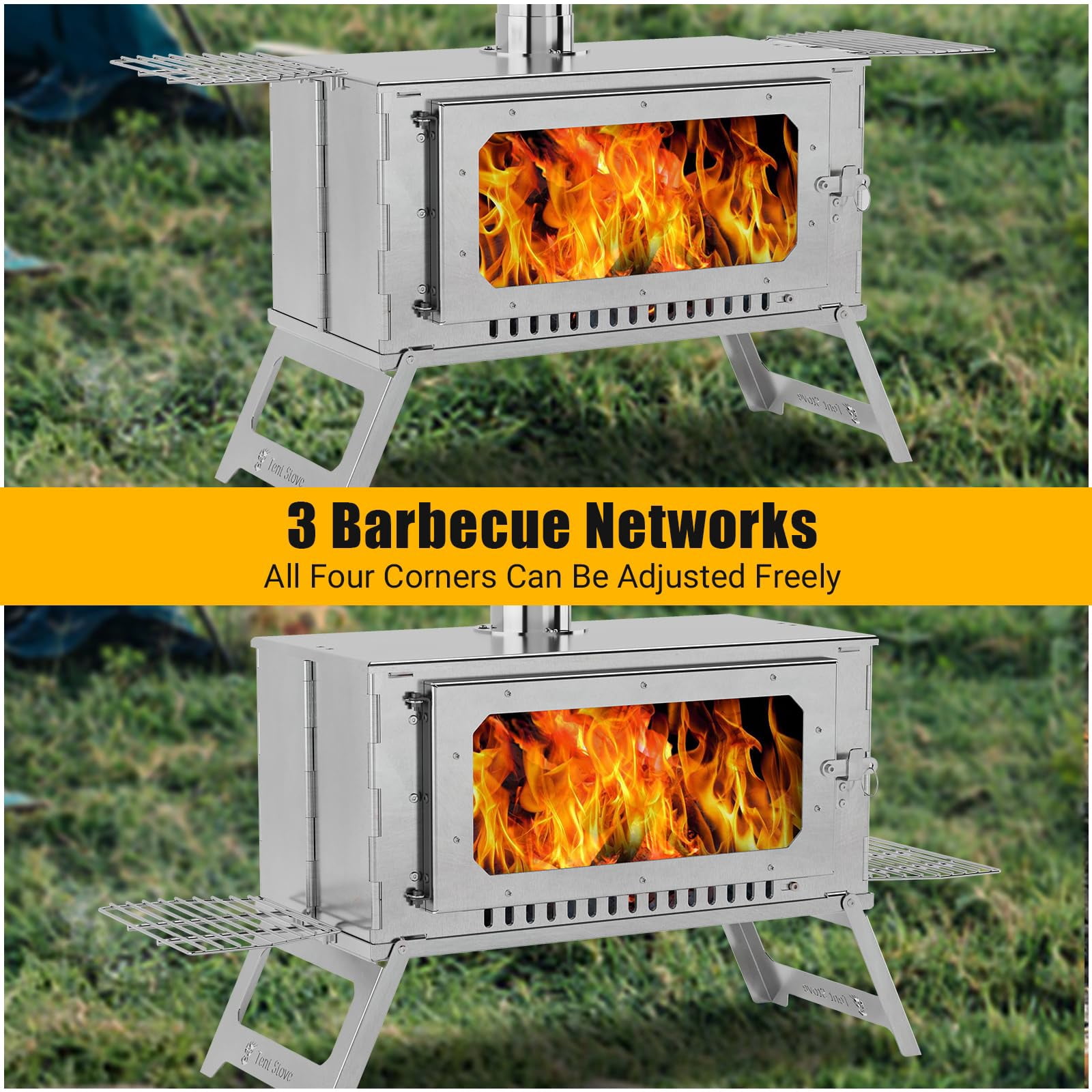 Portable Hot Tent Stove,Wood Burning Stove for Camping, Tent Stove With View Glass, Large Stainless Steel Camping Stove With 5 Chimney Pipes and 3 Shelfs for Outdoor Heating and Cooking