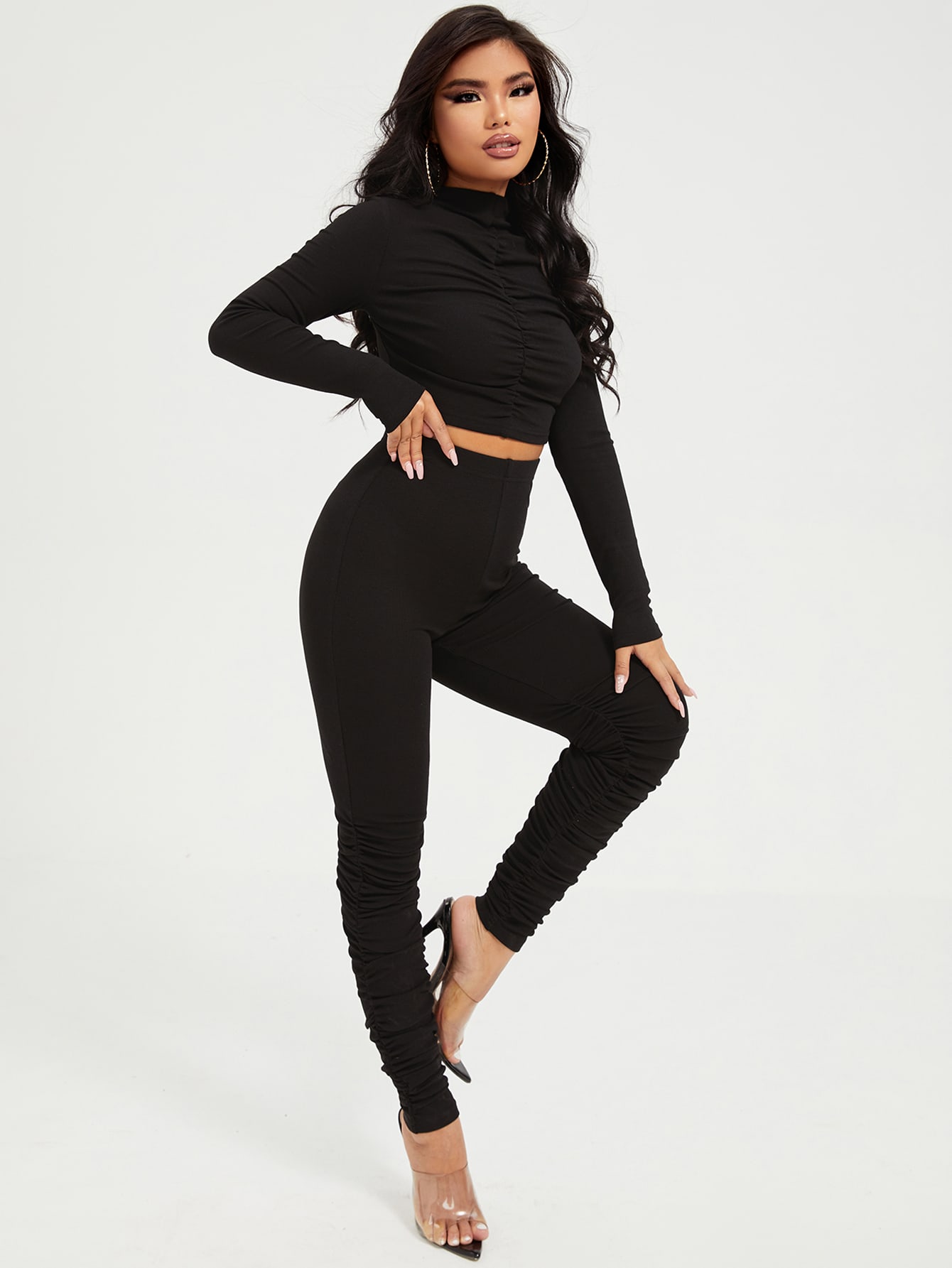 Ruched Crop Tee Stacked Leggings Set 