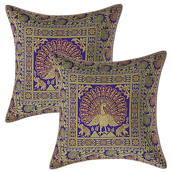 Stylo Culture Indian Christmas Brocade Purple And Gold Throw Pillow Covers 16x16 Jacquard Weave Banarasi Holiday Pillow Covers Dancing Peacock Floral 40x40 cm Decorative Cushion Covers (Set Of 2)