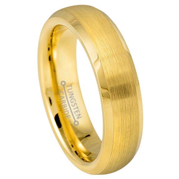 6mm Womens Yellow Gold Tungsten Wedding Band, Brushed Center, Beveled Edge Engagement Ring - TN1026WAs9