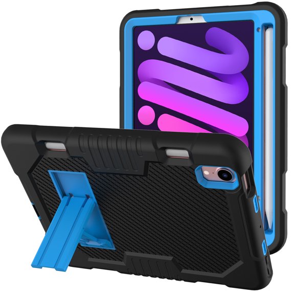 ELEHOLD Rugged Hybrid Case for iPad Mini 6 2021, Three-Layer Full Protection Hidden Kickstand Pencil Holder Shockproof Durable Case for iPad Mini 6th Gen (Black+Blue)