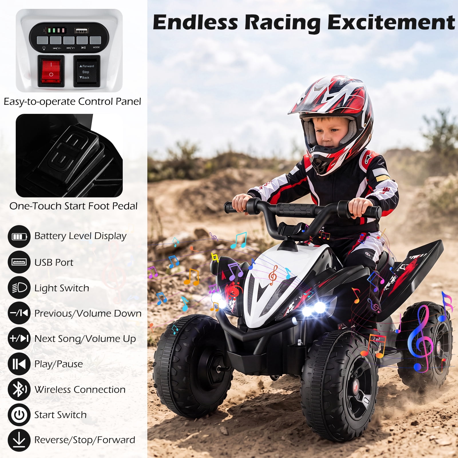 Costway 12V Quad 4 Wheeler Ride on Toy with Music, Light, USB Port, Wireless Connection Black
