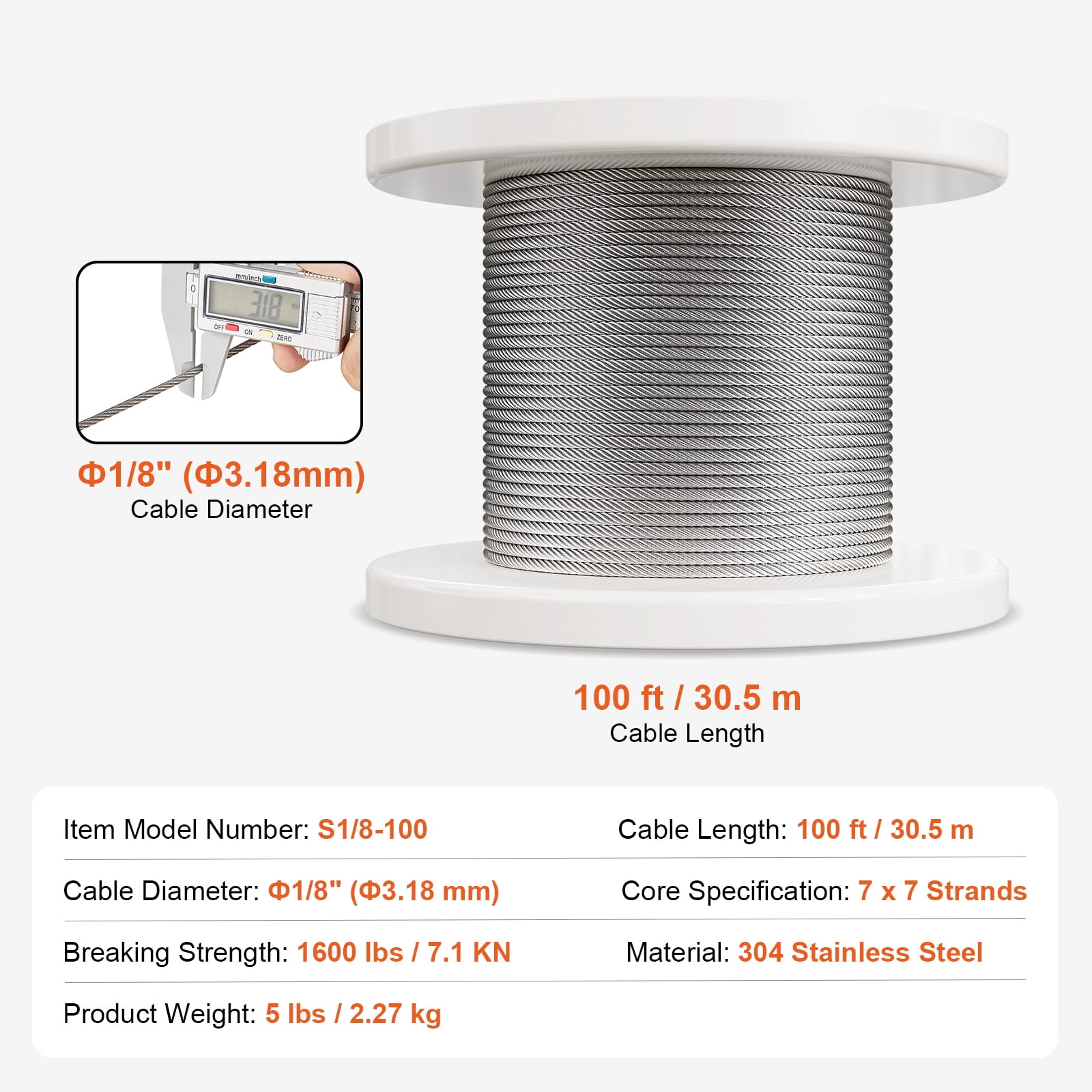 KFFKFF Cable Set, 100 ft of 1/8" 304 Stainless Steel Wire with 124 Components, Capable of Withstanding 1600 lbs Force, Built with 7x7 Strands for Marine Aircraft Quality, Ideal for Outdoor Handrail