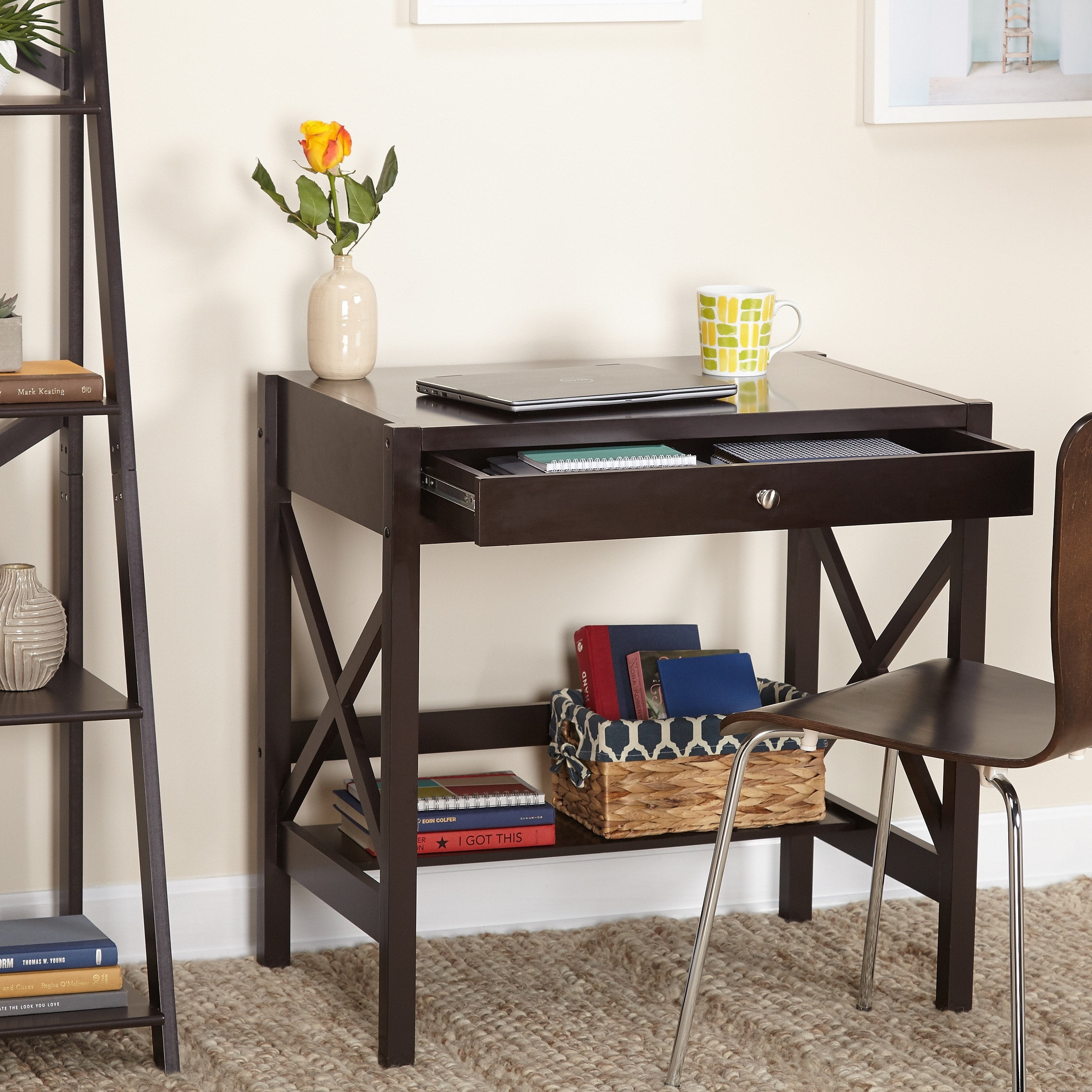 X Desk with Pullout Drawer and Shelf, Multiple Colors