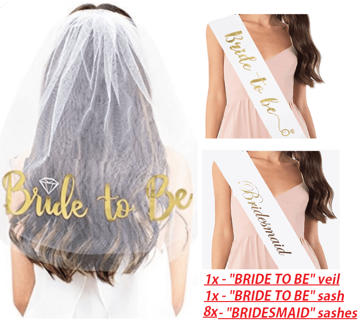 White Gold Bride To Be Party Sash Veil and Glasses Girls Hen Night Bridal Shower 