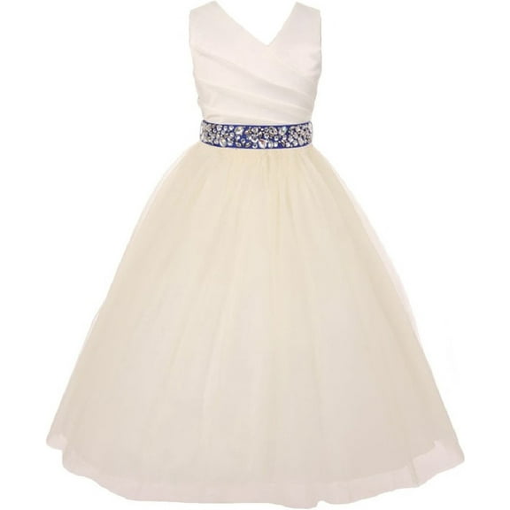 Elegant V Neck Rhinestone Belt Little Girl Flower Girls Dresses Ivory Royal 2
