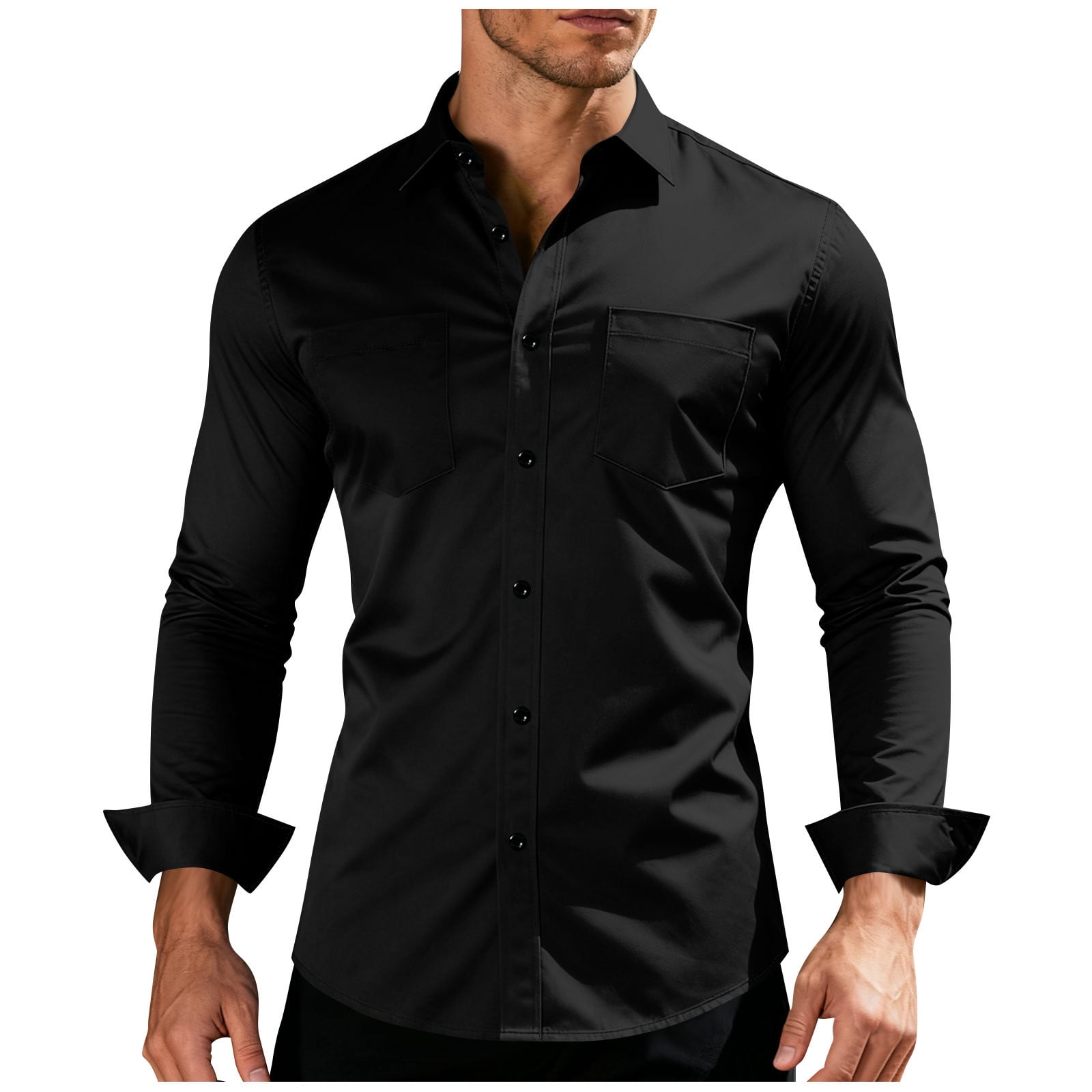 black dress shirt mens walmart Men's Black Dress Shirts Business Casual for Men Long Sleeve Button Down  Shirt Classic Fit Tops 2XL