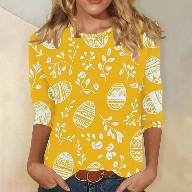TaTaai Women Easter Print T-Shirt Crew Neck 3/4 Sleeve Casual Pullover Top Ladies Spring Daily Wear Lightweight Breathable Non-See-Through No Fading Soft Comfortable Fashion Top Gift