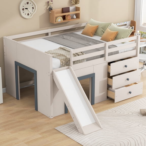 Harper & Bright Designs Full Size Low Loft Bed with Slide, Full Wood Loft Bed Frame with Storage Drawers and 2 Doors, Beige Grey